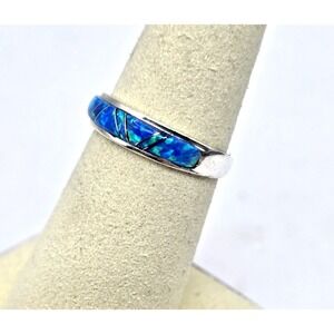 Blue Opal Sterling Silver Inlaid Band Ring Size 7 Unisex Stackable Signed SM